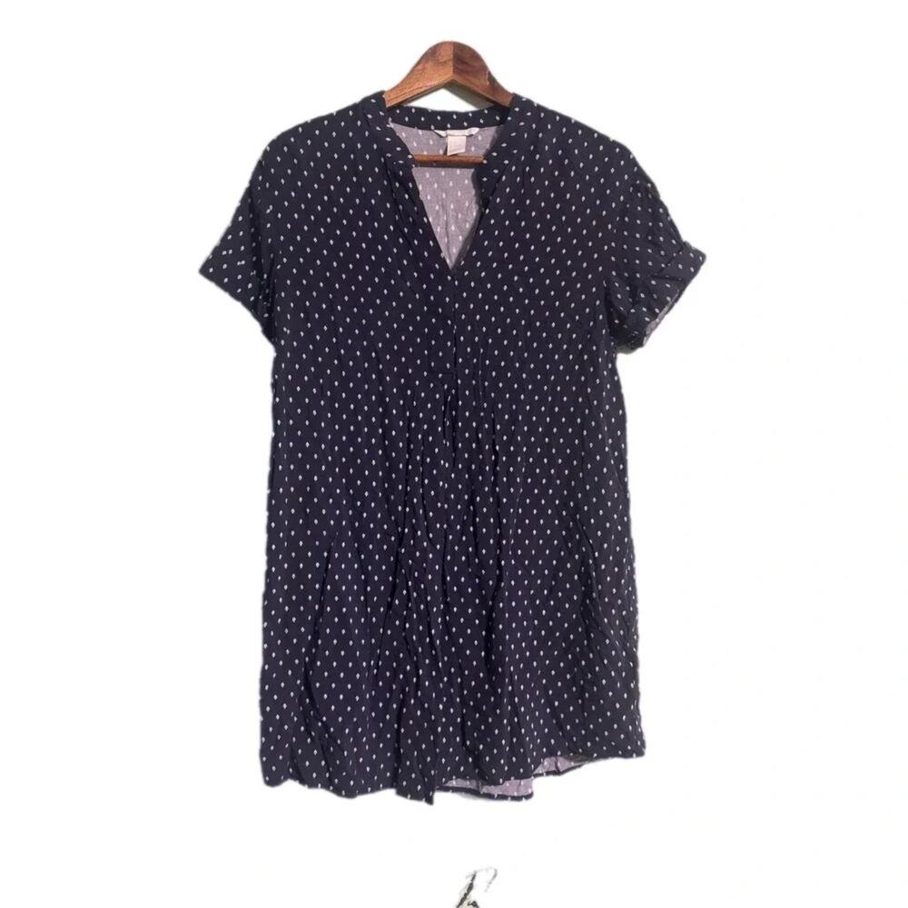 H&M Shift Dress Size 6 Navy Diamond Print‎ Short Sleeve Split Neck